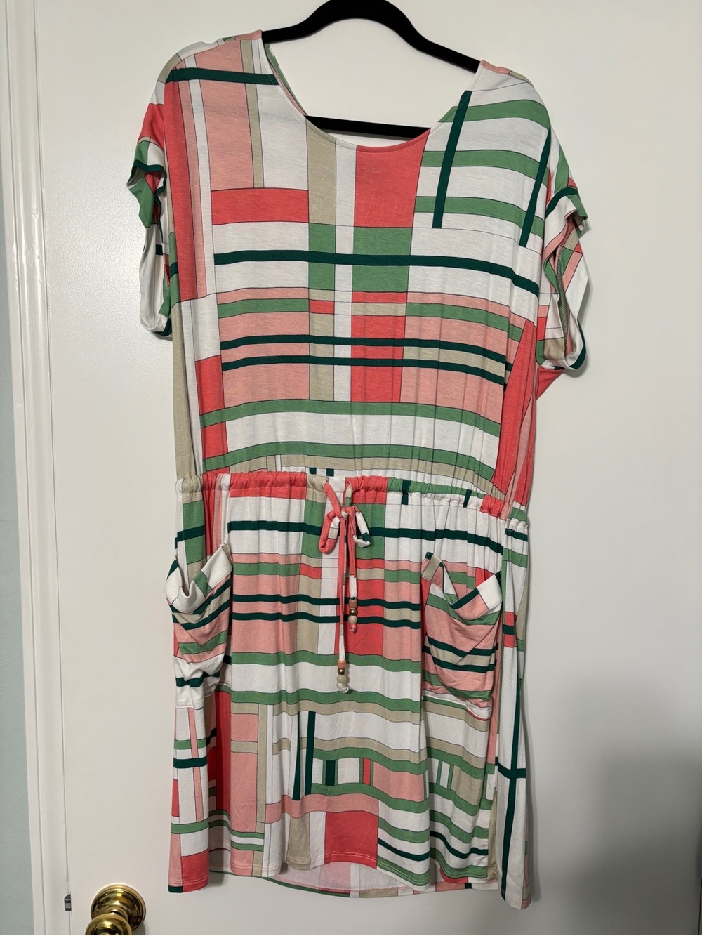 The Webster at Target Coral, Green & Cream Plaid Drawstring Pocket Dress